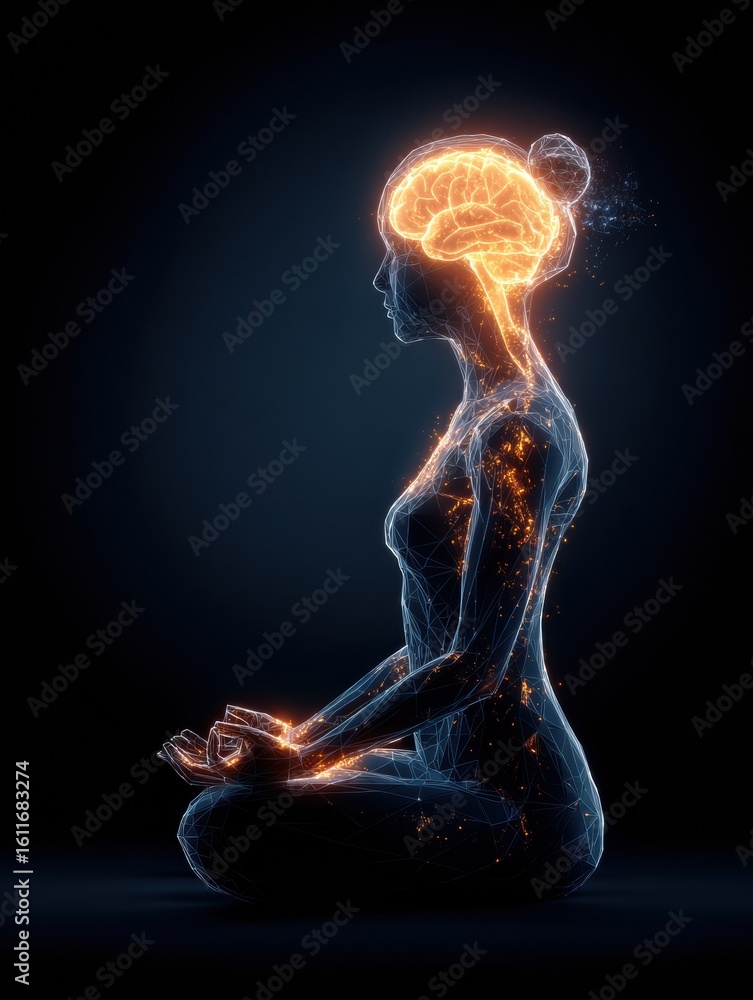 Aufkleber mindfulness concept featuring a glowing brain during meditation pose in a serene setting