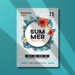 minimalist summer party poster template design with water color palm leaves elements