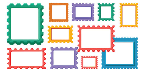 Collection of Colorful Postage Stamp Frames for Design and Decoration, Emphasizing Retro Aesthetics and Nostalgic Correspondence