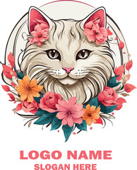 Flower Cat head logo vector white background .
