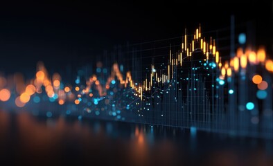 Abstract digital graph with glowing nodes and lines, depicting fluctuating data on a dark background, reflecting on a reflective surface