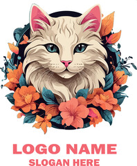 Flower Cat head logo vector white background .