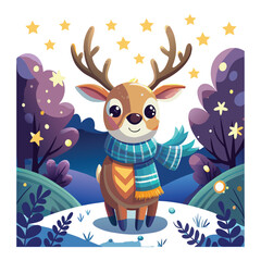 Naklejka premium christmas day, Adorable Cartoon Reindeer in Winter Wonderland, Festive Holiday Illustration
