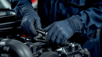 Professional mechanic working on the engine of the car in the garage. Car repair service. automobile mechanic wearing a navy blue uniform and protective gloves
