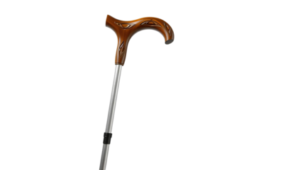 Walking Cane with Brown Curved Wood-Like Handle and Ornate Pattern Studio Shot Isolated on Transparent Background
