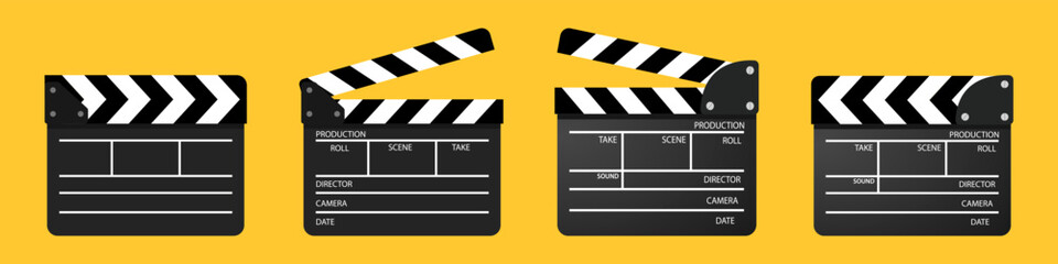 Clapper board vector icon set. Opened and closed movie clapper film clap board. Movie, cinema, film symbol concept. Director clapboard. Filmmaking, video production industry equipment.