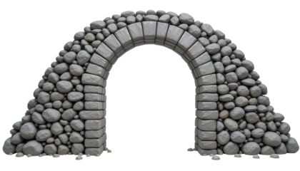 Full Shot of Weathered Stone Archway with Rounded Irregular Gray Stones and Fitted Gap Fillers Isolated on Transparent Background