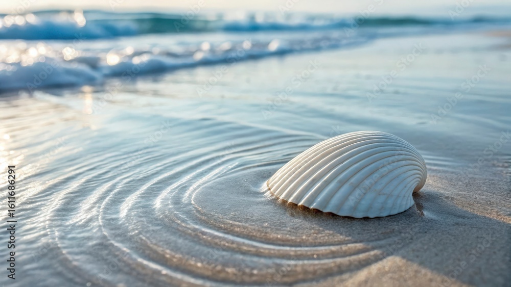 Poster seashell on the beach with water ripples around it and waves in the background on a sunny day