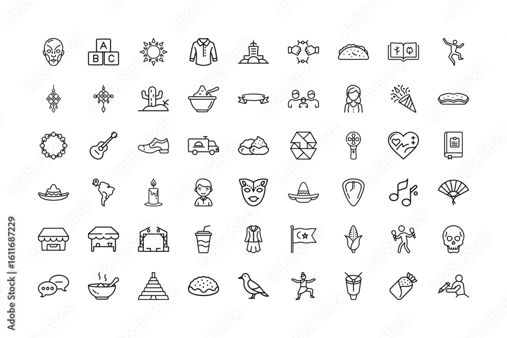 Poster hispanic heritage month line icon of a diverse collection of line art icons representing various the