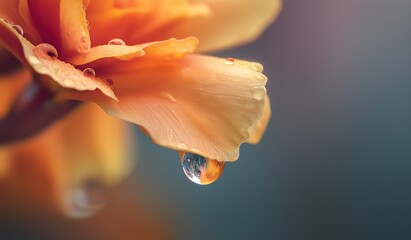 Fototapeta premium A mesmerizing macro shot of a delicate water droplet suspended from an orange flower petal, emphasize natural elegance and tranquility