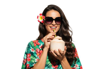 Happy young woman in sunglasses and floral top enjoying fresh coconut water with a flower in her hair.