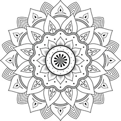 Black and White Mandala Art with Symmetrical Floral Motifs, Circular Geometric Shapes and Decorative Petal Elements for Meditation Design