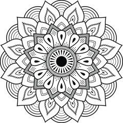 Black and White Mandala Art with Symmetrical Floral Motifs, Circular Geometric Shapes and Decorative Petal Elements for Meditation Design
