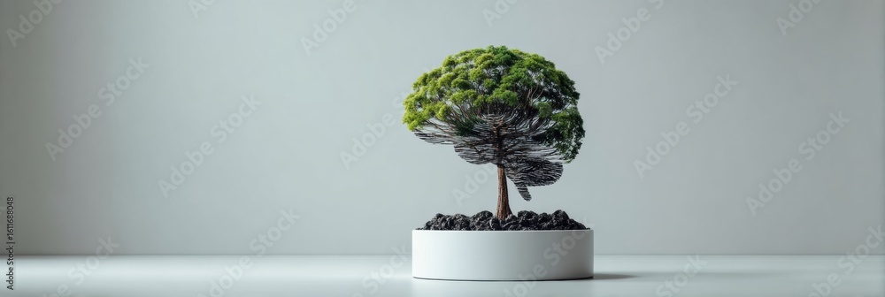 Poster tree growing from a brain symbolizes connection between education and nature in a minimalistic setti