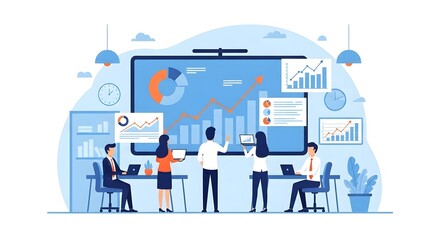 Flat vector illustration of a business team analyzing financial growth on a large screen, modern office setting, charts and graphs, teamwork concept, minimal clean layout, blue and orange color scheme