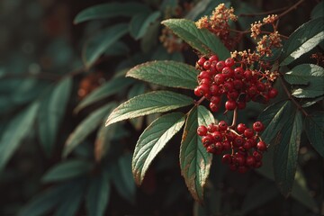 Elderberry bush ripe with clusters of vibrant berries and glossy green leaves. Concept of elderberry bush ripe showcases beauty of autumn nature and lush foliage.