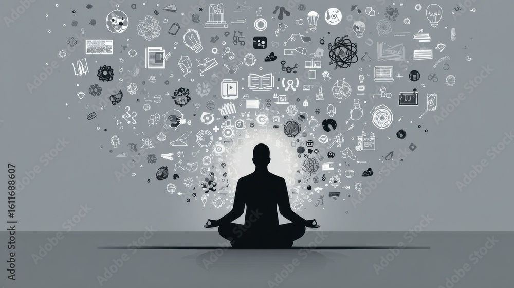 Poster meditating figure surrounded by symbols of intellect in a clear environment promoting mindfulness an