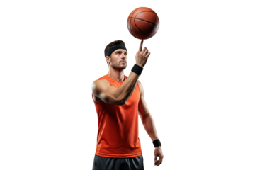 Focused young man in athletic wear balancing a basketball on his fingertip.