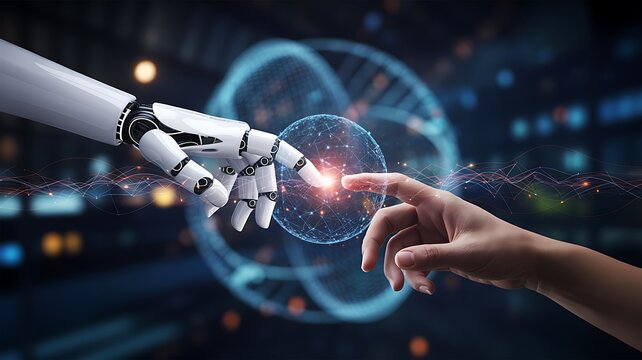 Robotic and human hands touching a digital interface with a glowing DNA helix in the background. - Powered by Adobe