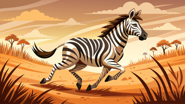 A zebra gallops across dry savanna plains, stripes blurring in the heat as it races through dust