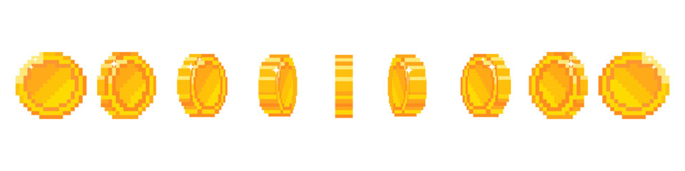 pixel coin with view from different sides for animation. Animation footage of a gold coin. 8-bit Retro video game style. Vector illustration