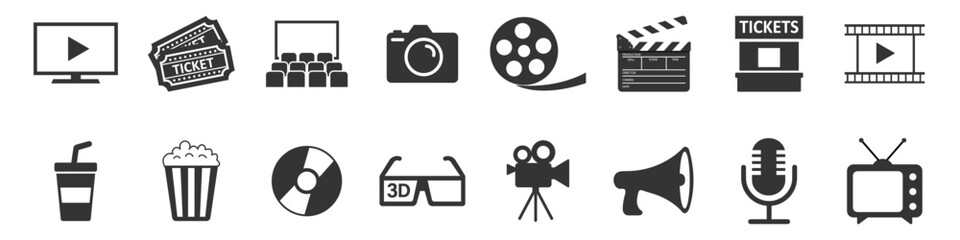 Cinema icons set. Movie Icons collection. Clapper board icon set. Contains such icon as film, movie, tv, video and more. Movie, Video icons, Collection film, TV sign. Vector illustration