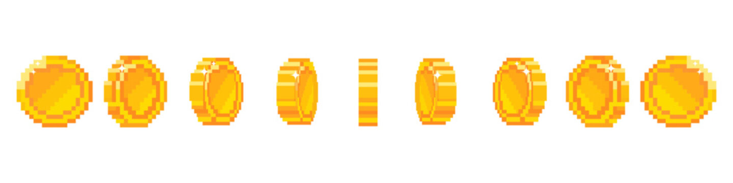 pixel coin with view from different sides for animation. Animation footage of a gold coin. 8-bit Retro video game style. Vector illustration