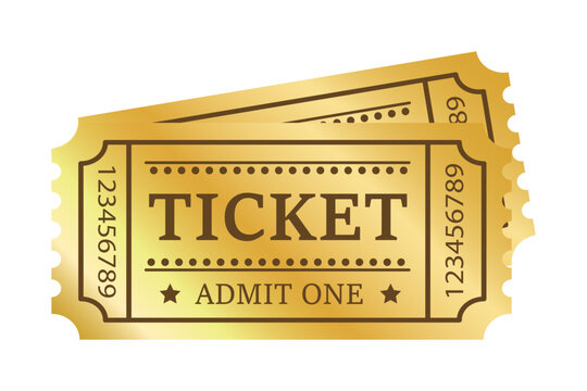 Two, pair golden ticket isolated isolated on white background. Cinema, theater, concert, play, party, event, festival black and gold ticket realistic template set. Ticket icon for website.