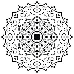 Black and White Mandala Art with Symmetrical Floral Motifs, Circular Geometric Shapes and Decorative Petal Elements for Meditation Design