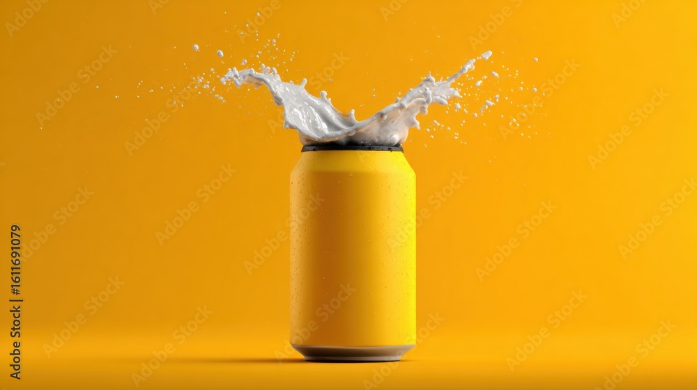 Poster minimalist 3d render of beer can popping open with splash in center against bright yellow background