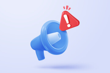 3d megaphone speaker or loudspeaker with alert notice icon sign for announce. negative check list buttons, urgency correct, tick message reminder for problem. 3d emergency icon vector illustration
