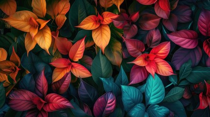 Fototapeta premium Vivid, saturated close-up of richly colored foliage in shades of red, orange, teal, and deep green, creating a lush, tropical feel