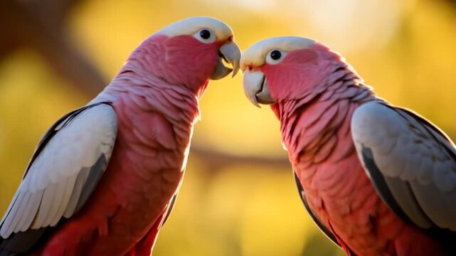 Two Pink Cockatoos Embrace in Golden Sunlight
