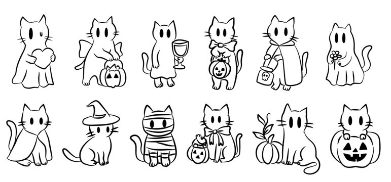 Cute collection of cats with Halloween costumes, ghost, bat, pumpkin, Adorable lovey pet vector  in autumn festival for decoration, prints, cover, lovey pet vector. 