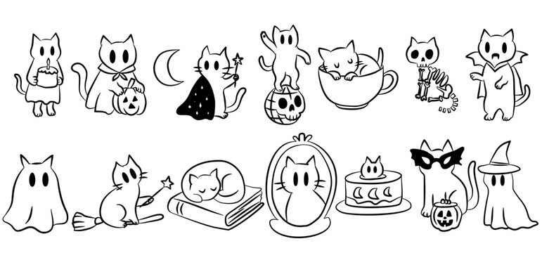 Cute collection of cats with Halloween costumes, ghost, bat, pumpkin, Adorable lovey pet vector  in autumn festival for decoration, prints, cover, lovey pet vector. 