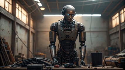 A humanoid robot in a workshop setting with various tools and equipment.