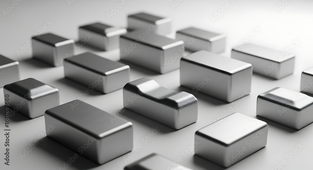 Poster abstract minimalist metal blocks arranged on a white surface, creating a modern pattern