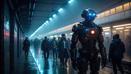 Futuristic robot in a crowded subway station with moody lighting.