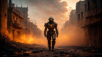 A lone astronaut walks through a desolate, smoky urban landscape.