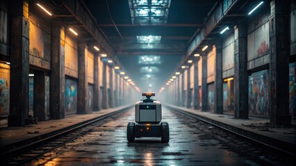 A robot on tracks in a dimly lit industrial warehouse setting.