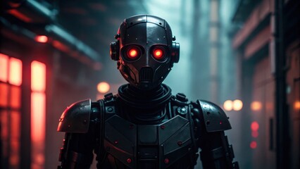 Futuristic robot with glowing eyes in a dark urban setting.