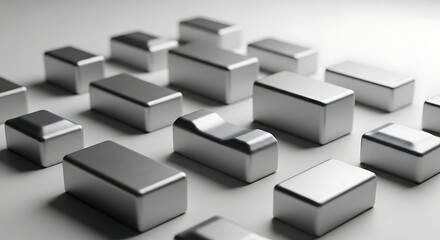 Obraz premium Abstract minimalist metal blocks arranged on a white surface, creating a modern pattern