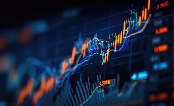 Close-up of a vibrant financial data screen displaying dynamic stock market charts with fluctuating lines and bar graphs in shades of blue, orange, and red against a dark background