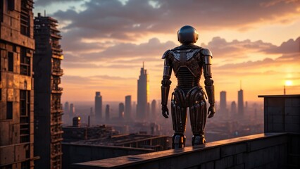 Futuristic robot gazing over a city skyline at sunset.