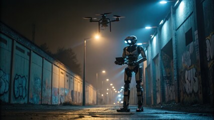 Robot in alley with drone flying overhead at night.