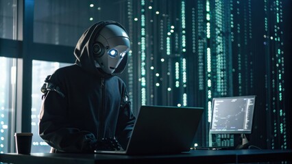 Futuristic figure with a mask working on a laptop in a high-tech setting.