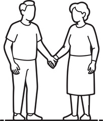 Obraz premium Senior Support Line Art Icons – Elderly People Holding Hands Vector for Care Services