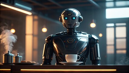 A futuristic robot serving coffee in a stylish café setting.