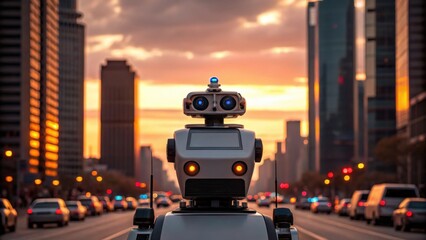 Robot on city street at sunset with skyscrapers in background.