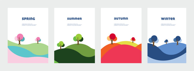 Spring, Summer, Autumn, Winter Banners Flat Style Illustrations. Seasonal Landscape Posters  Modern Minimalist Designs for Print